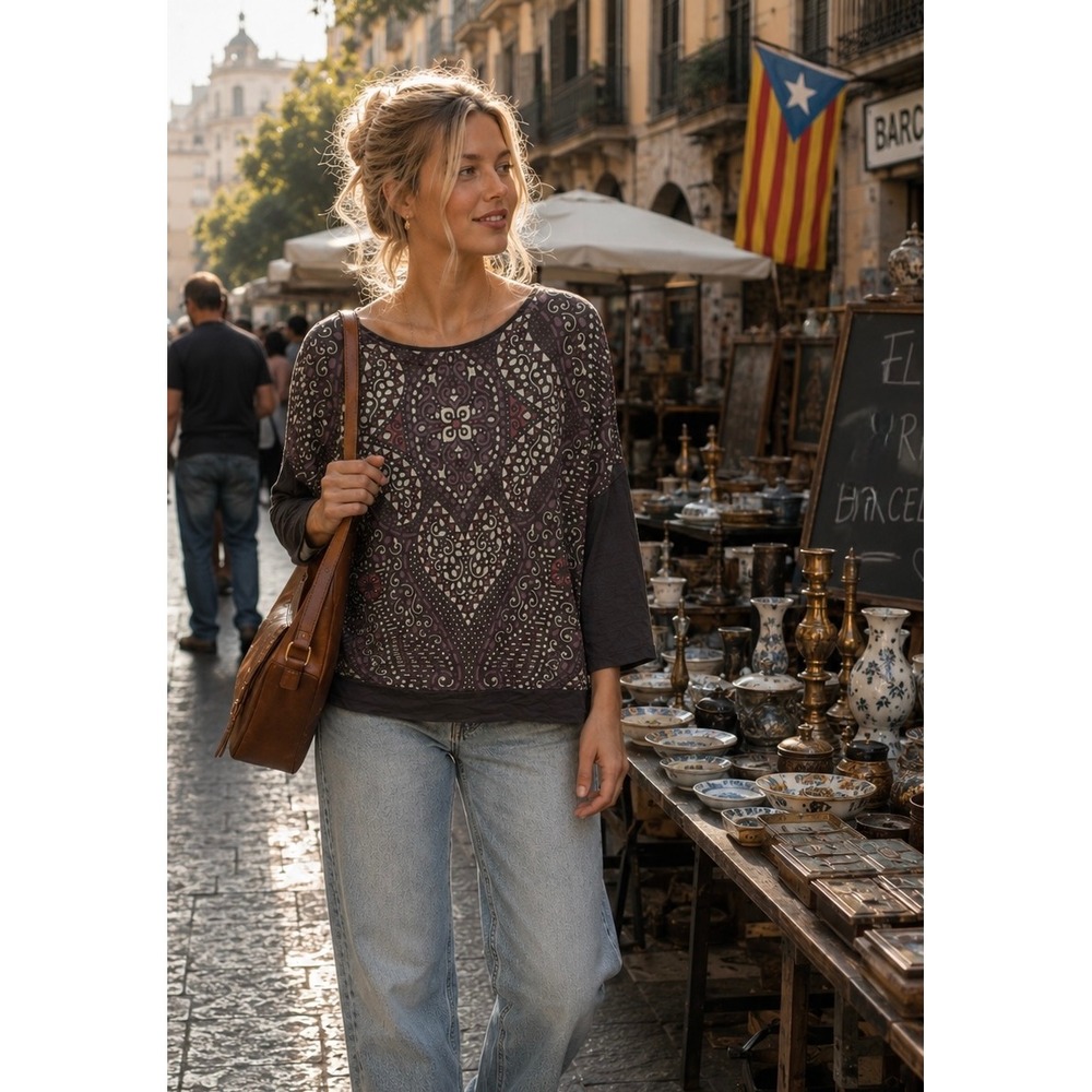 Custo Barcelona Artsy Boho Top S Purple Gray Mandala Print Slouchy Art to Wear‎